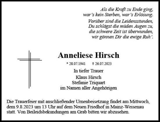 Traueranzeige von Anneliese Hirsch von Allgemeine Zeitung Mainz