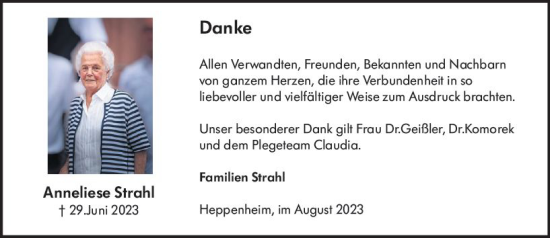 Traueranzeige von Anneliese Strahl von Starkenburger Echo