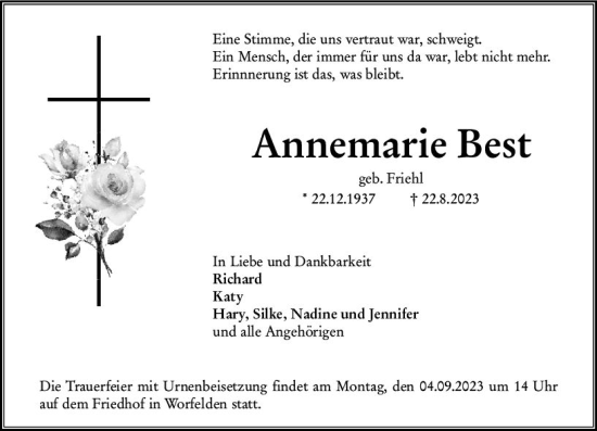 Traueranzeige von Annemarie Best von Groß-Gerauer Echo