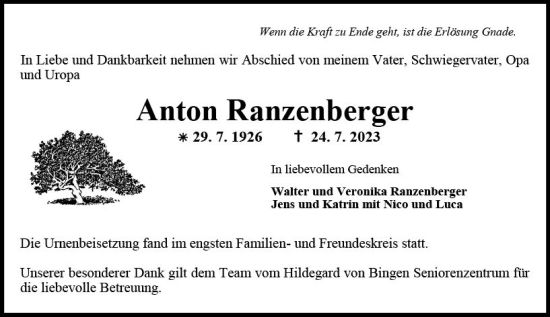 Traueranzeige von Anton Ranzenberger von Allgemeine Zeitung Mainz