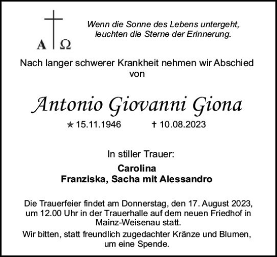 Traueranzeige von Antonio Giovanni Giona von Allgemeine Zeitung Mainz