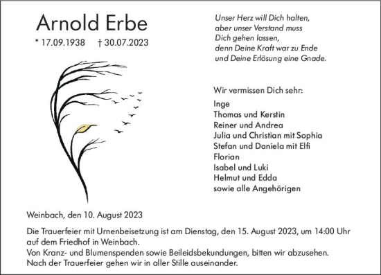 Traueranzeige von Arnold Erbe von Weilburger Tageblatt