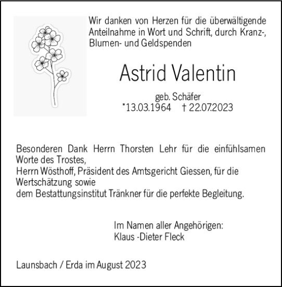Traueranzeige von Astrid Valentin von Wetzlarer Neue Zeitung