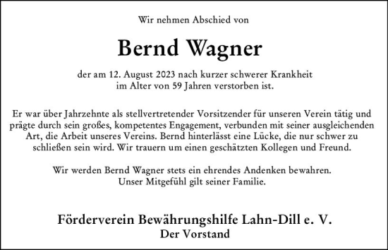 Traueranzeige von Bernd Wagner von Wetzlarer Neue Zeitung