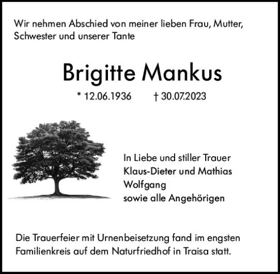 Traueranzeige von Brigitte Mankus von Darmstädter Echo