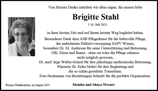 Traueranzeige von Brigitte Stahl von Wormser Zeitung