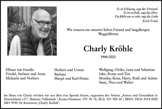 Traueranzeige von Charly Kröhle von Allgemeine Zeitung Mainz