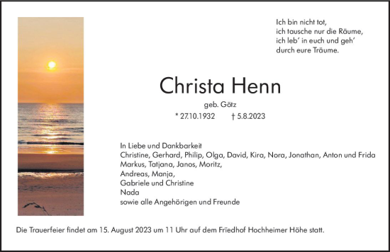 Traueranzeige von Christa Henn von Wormser Zeitung