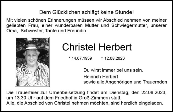 Traueranzeige von Christel Herbert von Dieburger Anzeiger/Groß-Zimmerner Lokal-Anzeiger