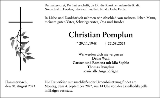 Traueranzeige von Christian Pomplun von Dill Block