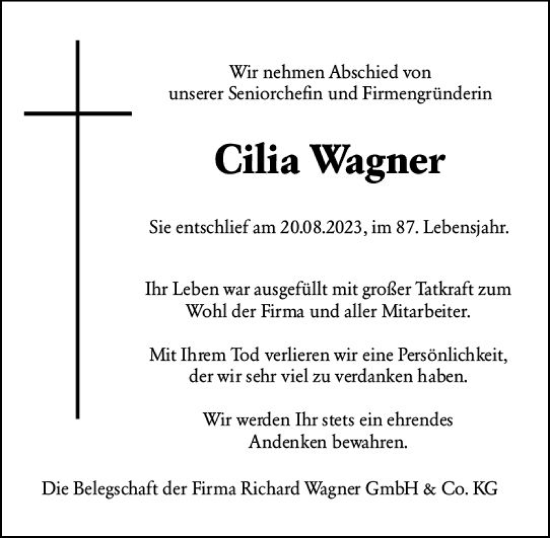 Traueranzeige von Cilia Wagner von Allgemeine Zeitung Alzey