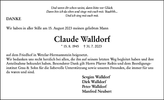 Traueranzeige von Claude Walldorf von Wetzlarer Neue Zeitung