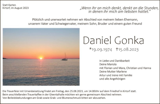 Traueranzeige von Daniel Gonka von VRM Trauer