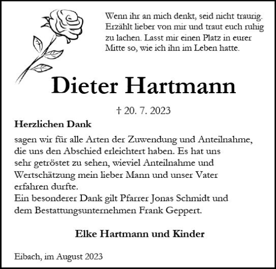Traueranzeige von Dieter Hartmann von Dill Block