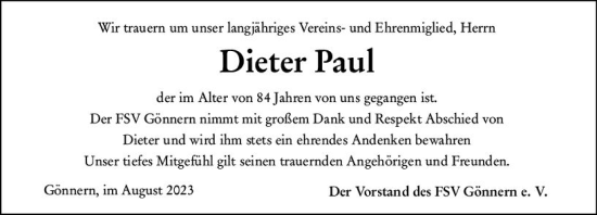 Traueranzeige von Dieter Paul von Hinterländer Anzeiger