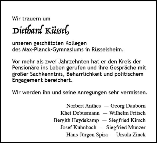 Traueranzeige von Diethard Küssel von Rüsselsheimer Echo