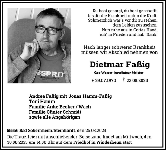 Traueranzeige von Dietmar Faßig von Allgemeine Zeitung Bad Kreuznach