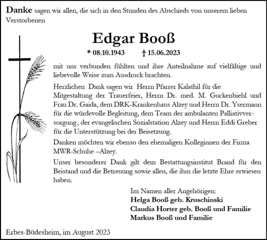 Traueranzeige von Edgar Booß von Allgemeine Zeitung Alzey