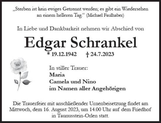 Traueranzeige von Edgar Schrankel von Wiesbadener Kurier