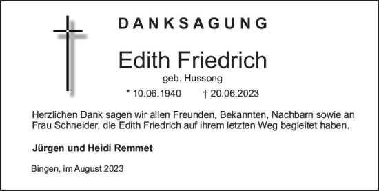 Traueranzeige von Edith Friedrich von Bingen/Ingelheim WOBL inkl. Neue Binger Ztg.