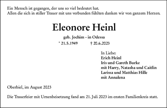 Traueranzeige von Eleonore Heinl von Wetzlarer Neue Zeitung