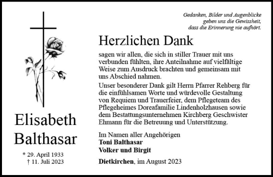 Traueranzeige von Elisabeth Balthasar von Nassauische Neue Presse