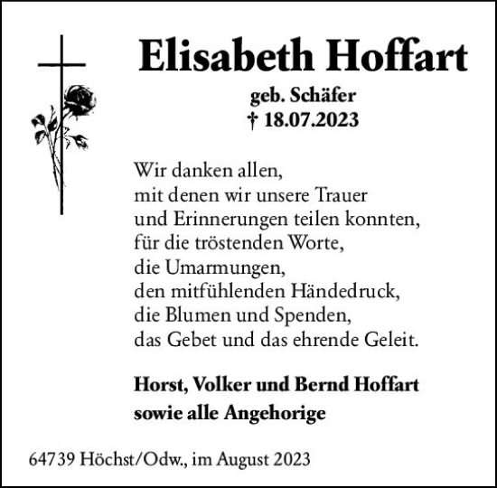 Traueranzeige von Elisabeth Hoffart von Odenwälder Echo