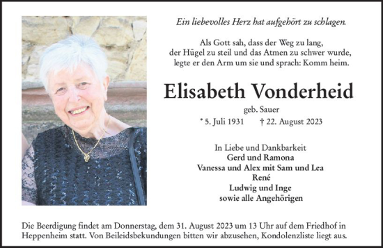 Traueranzeige von Elisabeth Vonderheid von Starkenburger Echo