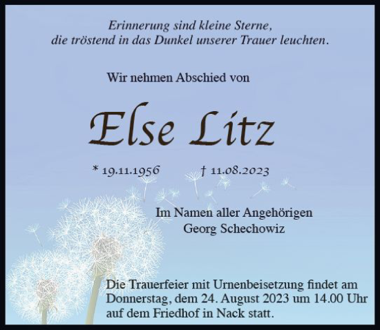Traueranzeige von Else Litz von Allgemeine Zeitung Alzey