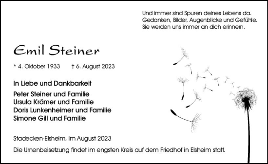 Traueranzeige von Emil Steiner von Allgemeine Zeitung Mainz
