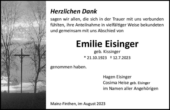 Traueranzeige von Emilie Eisinger von Allgemeine Zeitung Mainz