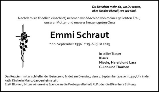Traueranzeige von Emmi Schraut von Allgemeine Zeitung Mainz