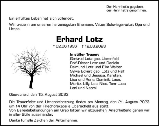 Traueranzeige von Erhard Lotz von Dill Block