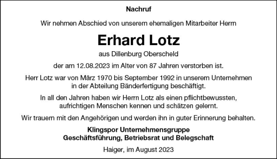 Traueranzeige von Erhard Lotz von Dill Block