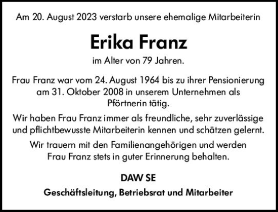 Traueranzeige von Erika Franz von Darmstädter Echo