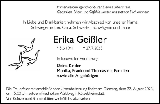 Traueranzeige von Erika Geißler von Rüsselsheimer Echo