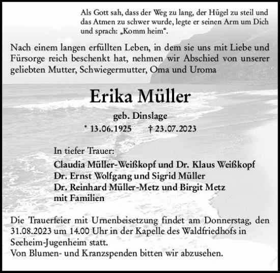 Traueranzeige von Erika Müller von Darmstädter Echo