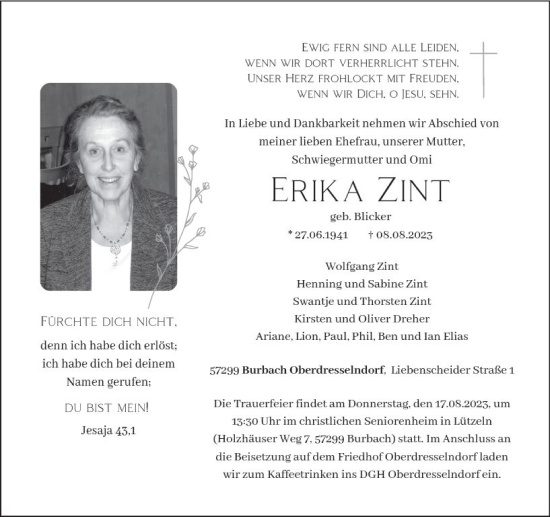 Traueranzeige von Erika Zint von Dill Block