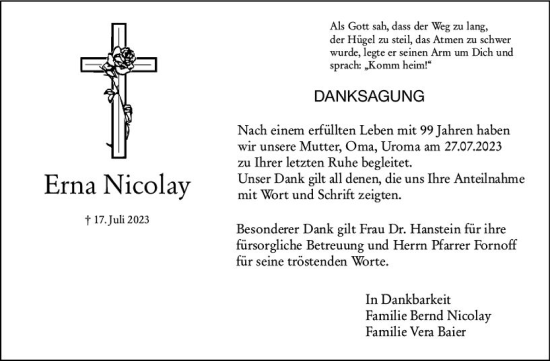 Traueranzeige von Erna Nicolay von Dieburger Anzeiger/Groß-Zimmerner Lokal-Anzeiger