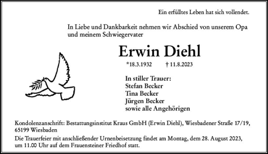 Traueranzeige von Erwin Diehl von Wiesbadener Kurier