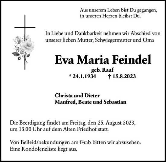Traueranzeige von Eva Maria Feindel von Hochheimer Zeitung