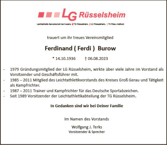 Traueranzeige von Ferdinand Burow von Rüsselsheimer Echo