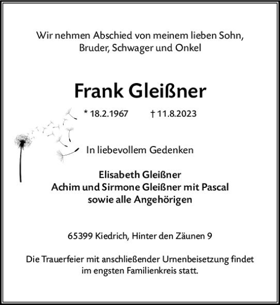 Traueranzeige von Frank Gleißner von Rheingau Kurier