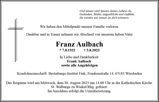 Traueranzeige von Franz Aulbach von Wiesbadener Kurier