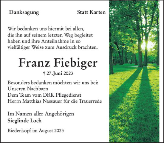 Traueranzeige von Franz Fiebiger von Hinterländer Anzeiger
