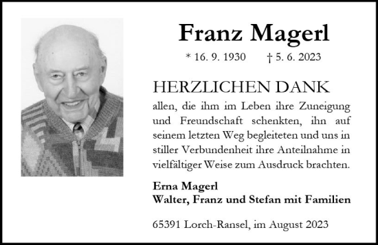 Traueranzeige von Franz Magerl von Rheingau Kurier