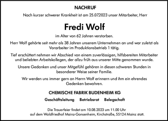 Traueranzeige von Fredi Wolf von Allgemeine Zeitung Bingen/Ingelheim