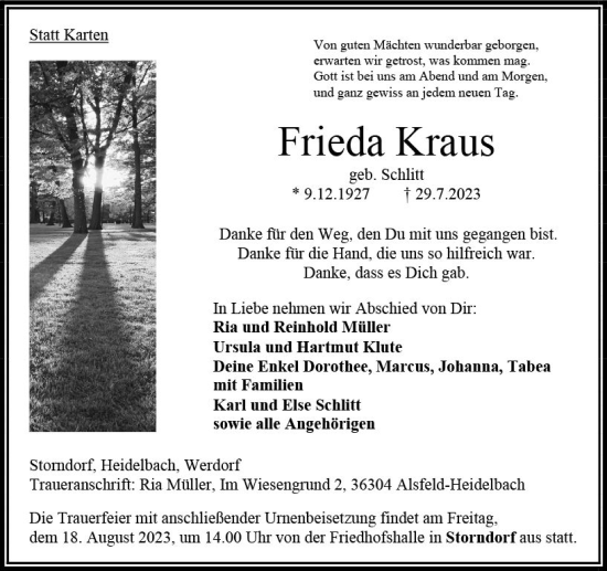 Traueranzeige von Frieda Kraus von Oberhessen Kurier