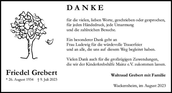Traueranzeige von Friedel Grebert von Allgemeine Zeitung Bingen/Ingelheim