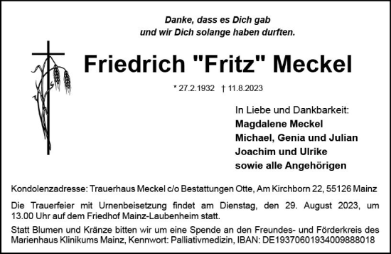 Traueranzeige von Friedrich Meckel von Allgemeine Zeitung Mainz